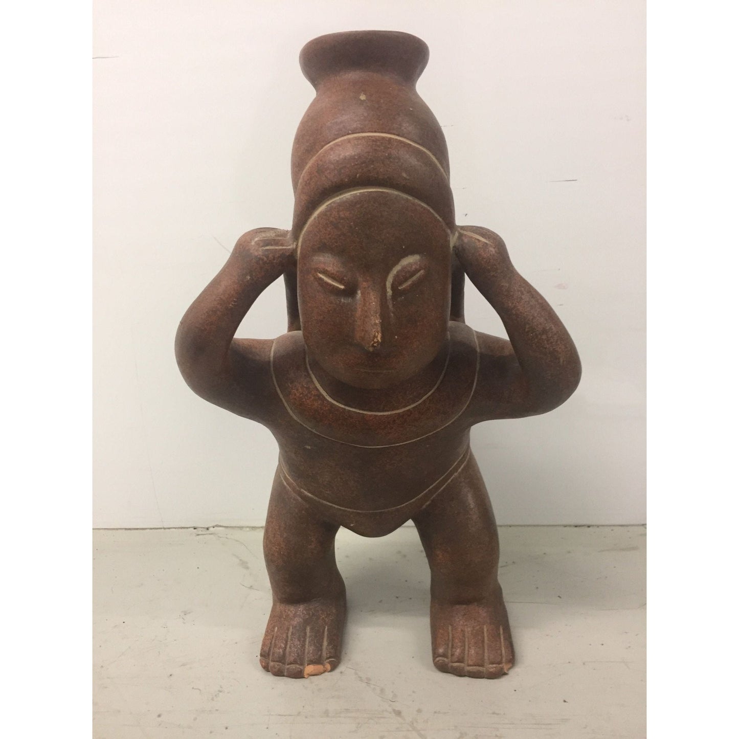 Vintage 1973 Ceramic Terracotta Mayan Figurine Male Carrying Water Basket Made In Mexico