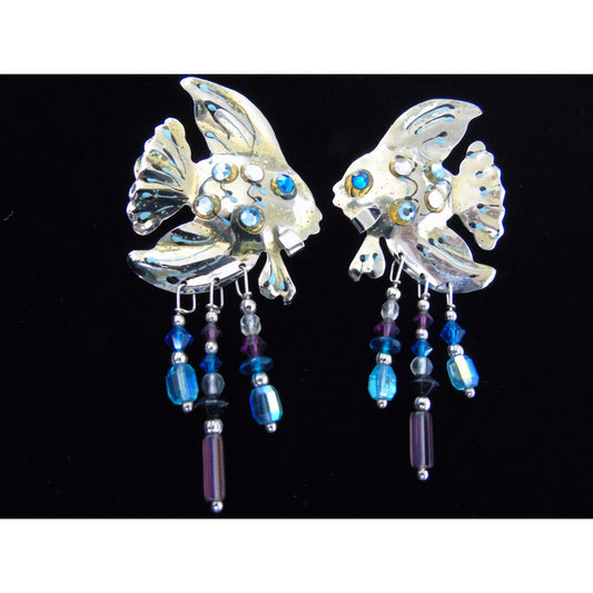 Lunch At The Ritz Fish Earrings Pierced Signed '87 LATR Glitter Enamel Rhinestones Beads