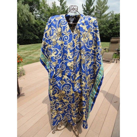 Vintage Women's SANTE Maxi Kaftan Dress Paisley Jacquard Pattern Feather Motif Blue Gold One Size