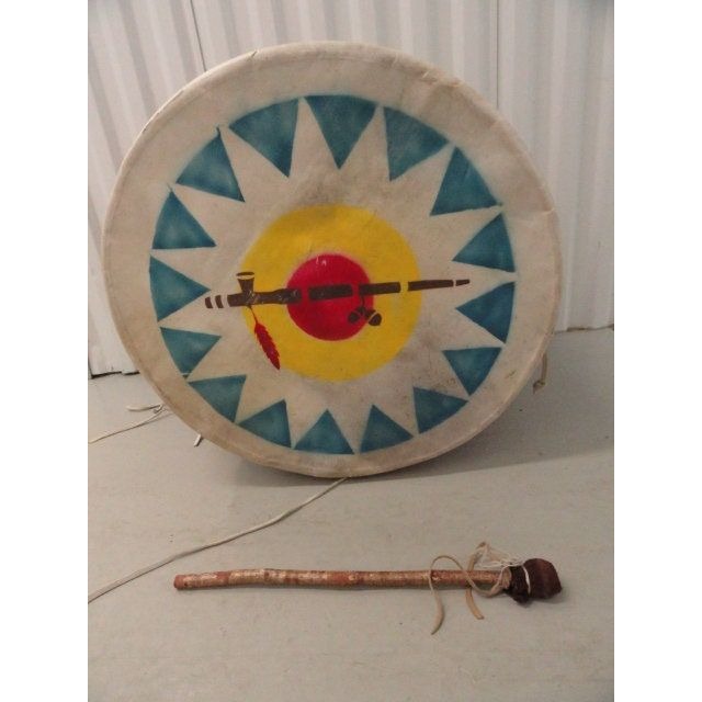 Vtg 1970's Large Drum 20 1/4" Wide Made With Rawhide Skins & Leather With Drum Stick Painted With A Pipe Image