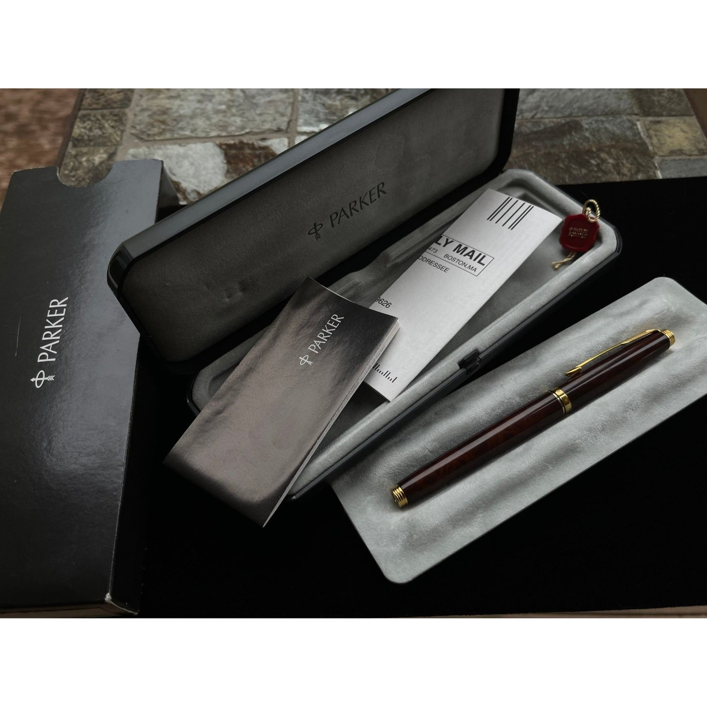 Vtg Parker Sonnet Fountain Pen Laque 5853 Deep Red Brown Lacquer 18K Gold Medium Pt New In Box Paper Work