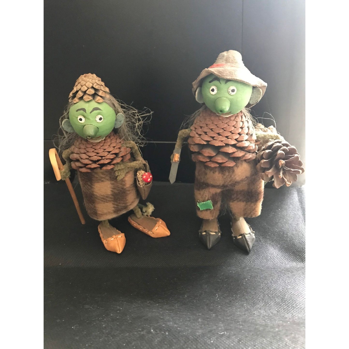 Vtg Pair Of Kottfigurer Troll Dolls Figurines Pinecones Female Male Made In Sweden Handmade Hand Painted Mushroom Walking Cane & Axe