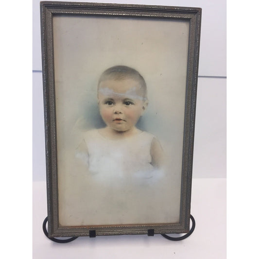 Antique 1923 Hand Tinted Pastel Monochrome Image Of An Infant Male Child Gray Wooden Frame