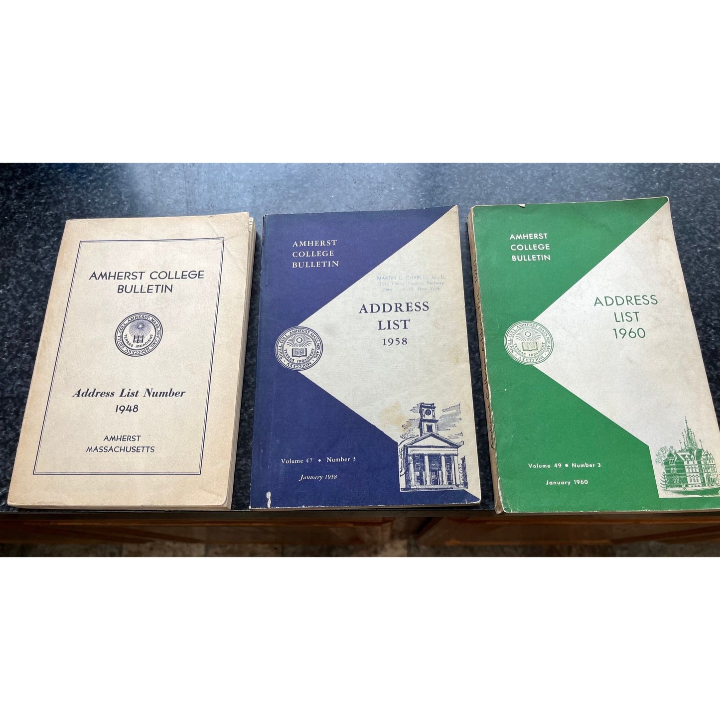 Vintage Amherst College Bulletin Address List 1948, 1958, 1960 Each Sold Separately