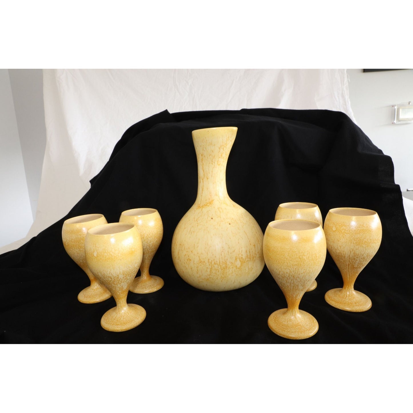 Vtg The Pottery Steak Restaurant Hawaii Ceramic Yellow 7 Piece Set One Carafe Six Goblets One Of A Kind