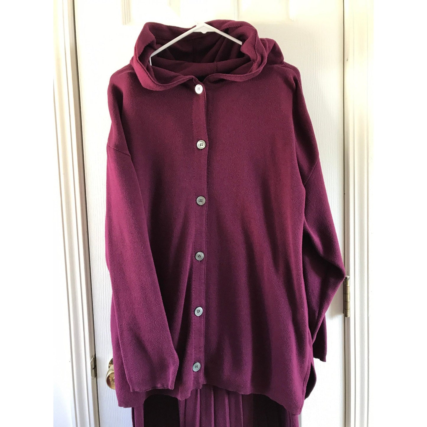 Vtg 1980's J. Peterman 2 Piece Suite Full Top With Hood Maxi Pleated Skirt Burgundy Large 100% Cotton Long Sleeves