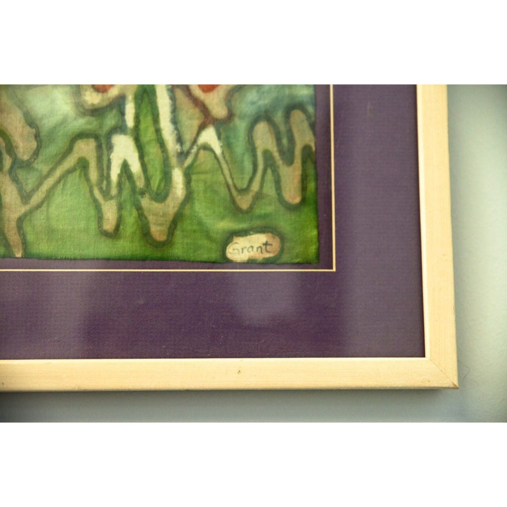 Vintage Tie-Dyed Fabric Art Abstract 2 Flowers and Grass Scene Purple Matting Artist Signed "Grant" Framed