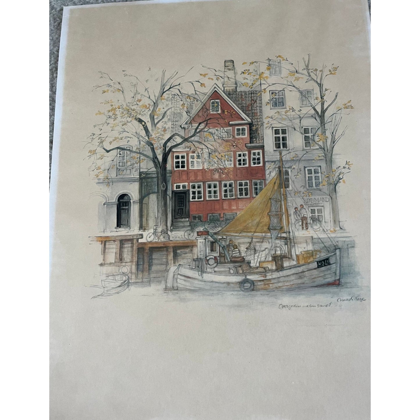 Vintage 1970's Print By Mads Stage Danish Artist With a Boat Maritime Theme Red House Along The Water Front