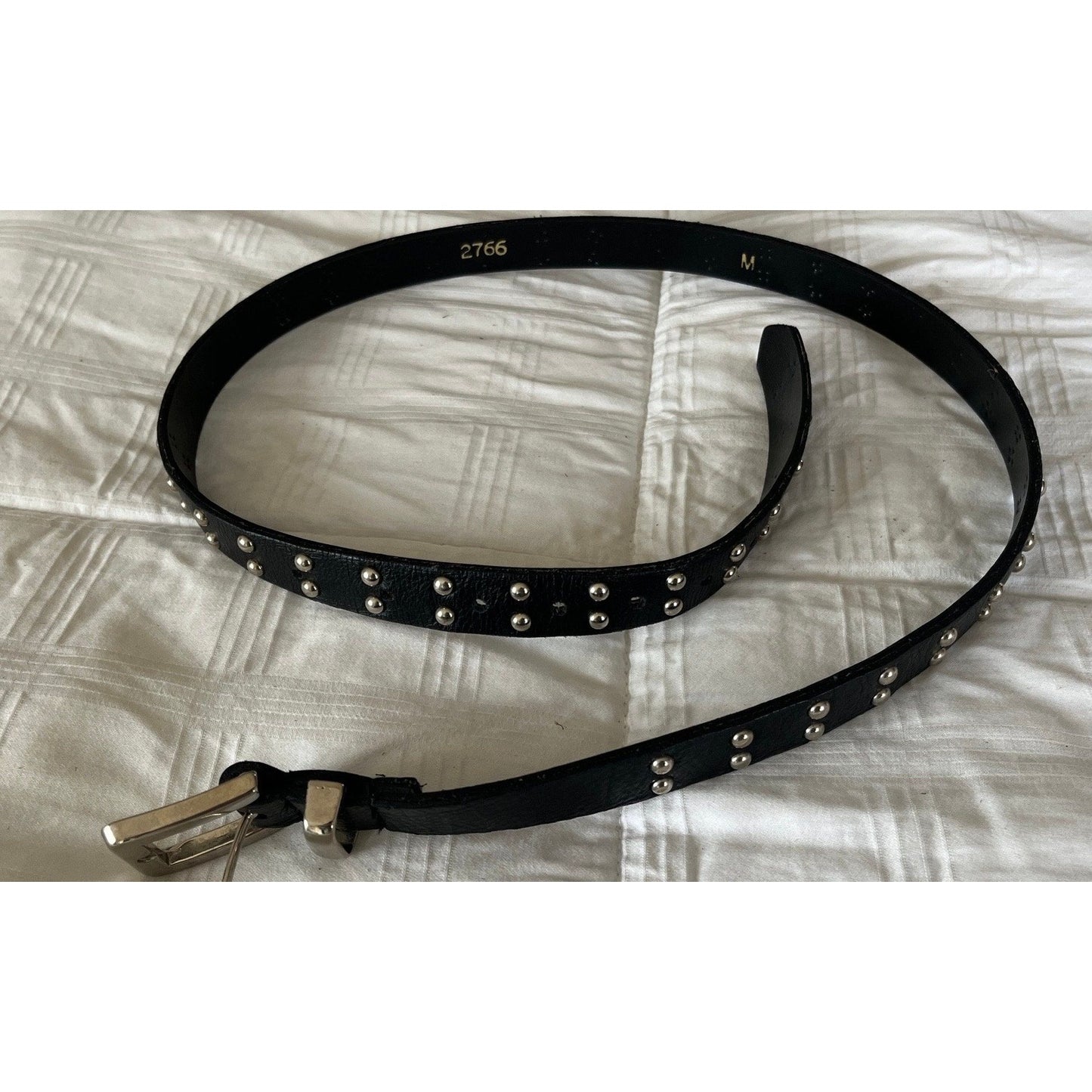 Vtg 1970's Black Leather Belt With Silver Tone "Spikes" Size 35 1/2" Silver Tone Heavy Buckle 2766 M Inside Belt