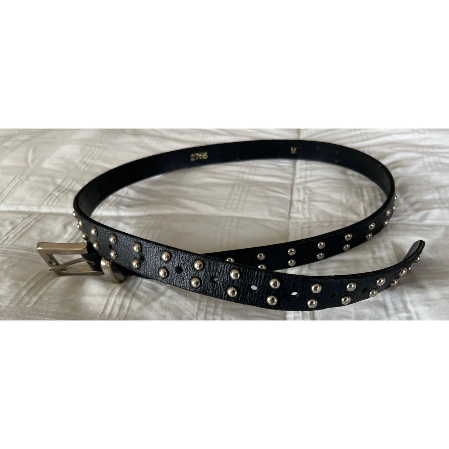 Vtg 1970's Black Leather Belt With Silver Tone "Spikes" Size 35 1/2" Silver Tone Heavy Buckle 2766 M Inside Belt