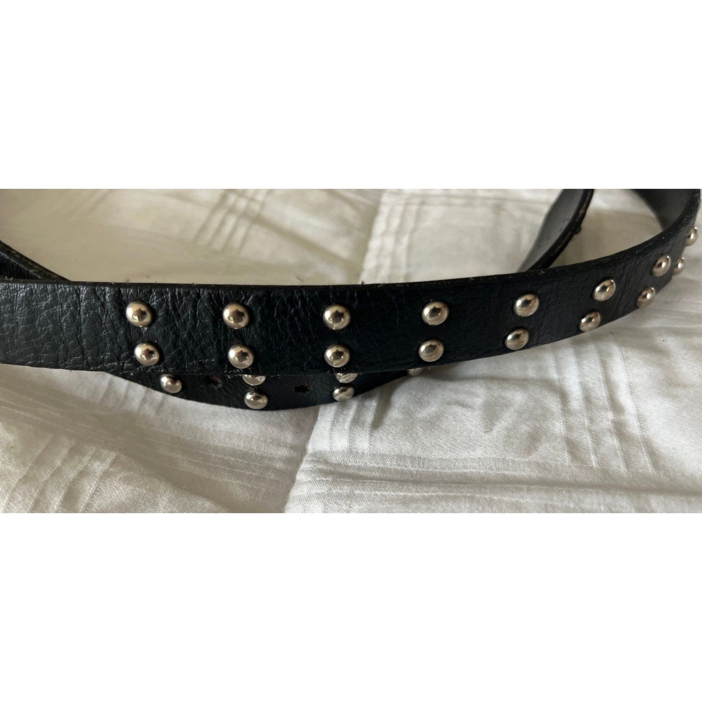 Vtg 1970's Black Leather Belt With Silver Tone "Spikes" Size 35 1/2" Silver Tone Heavy Buckle 2766 M Inside Belt