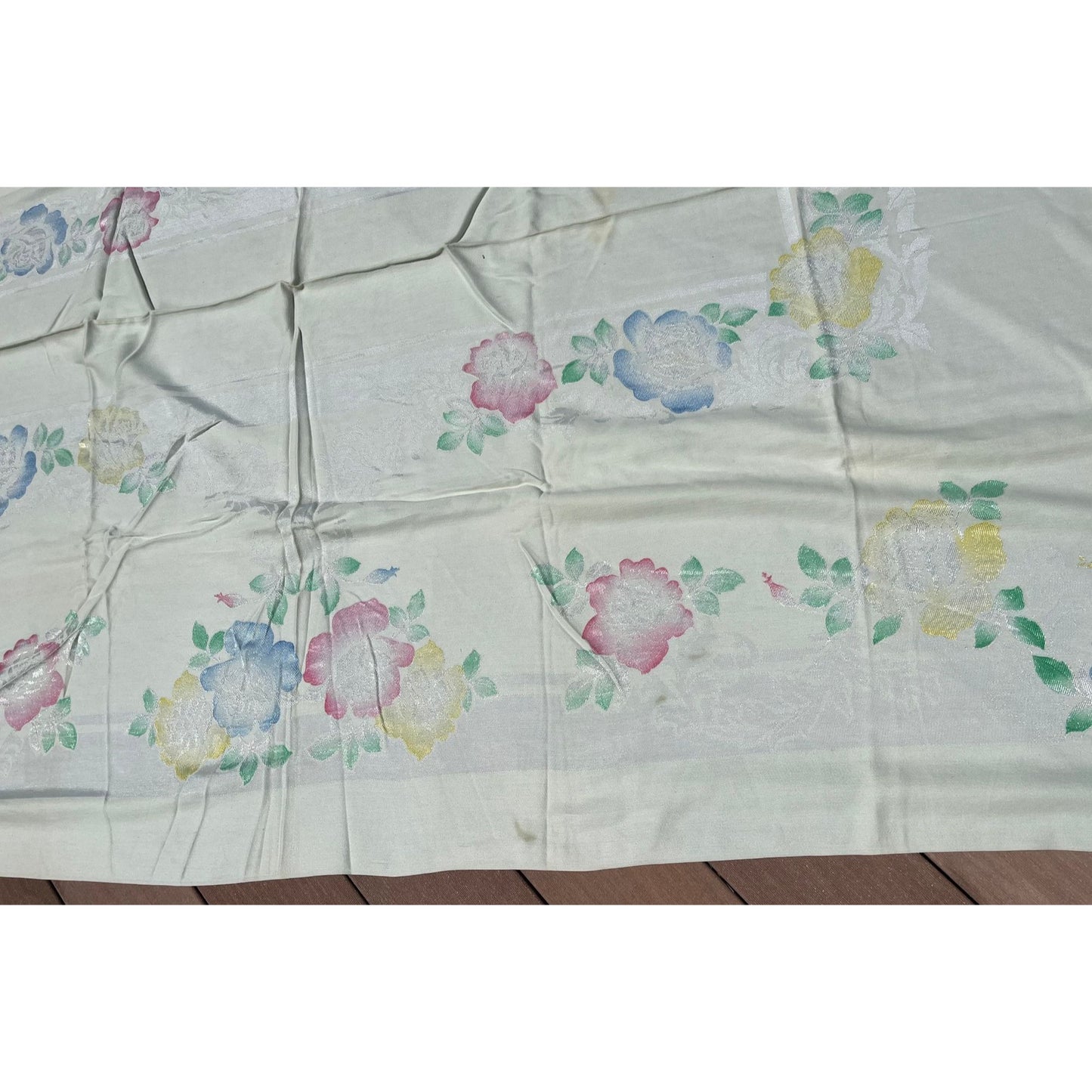 Antique Double Damask Silk Brocade Linen Tablecloth Sea Foam Green Floral Pattern In Pink Blue Yellow Green 54" x 94" + 12 Napkins Handmade