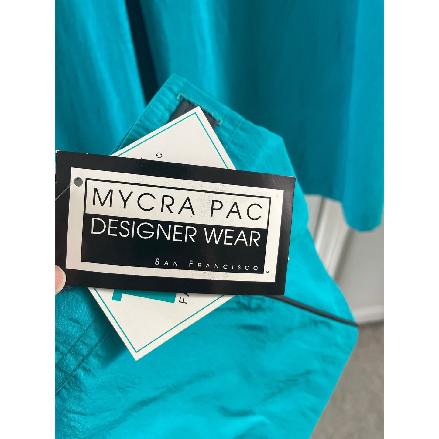 Vtg MYCRA PAC Designer Wear Raincoat Coat Hooded Turquoise & Black Teflon Fabric Protector San Francisco Size 7