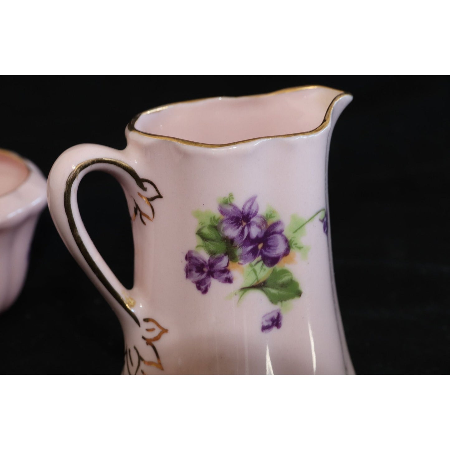 Vintage Leneige Creamer & Sugar Dish Burbank CA 1934-1955 Pink Porcelain Lavender Flowers Gold Trim