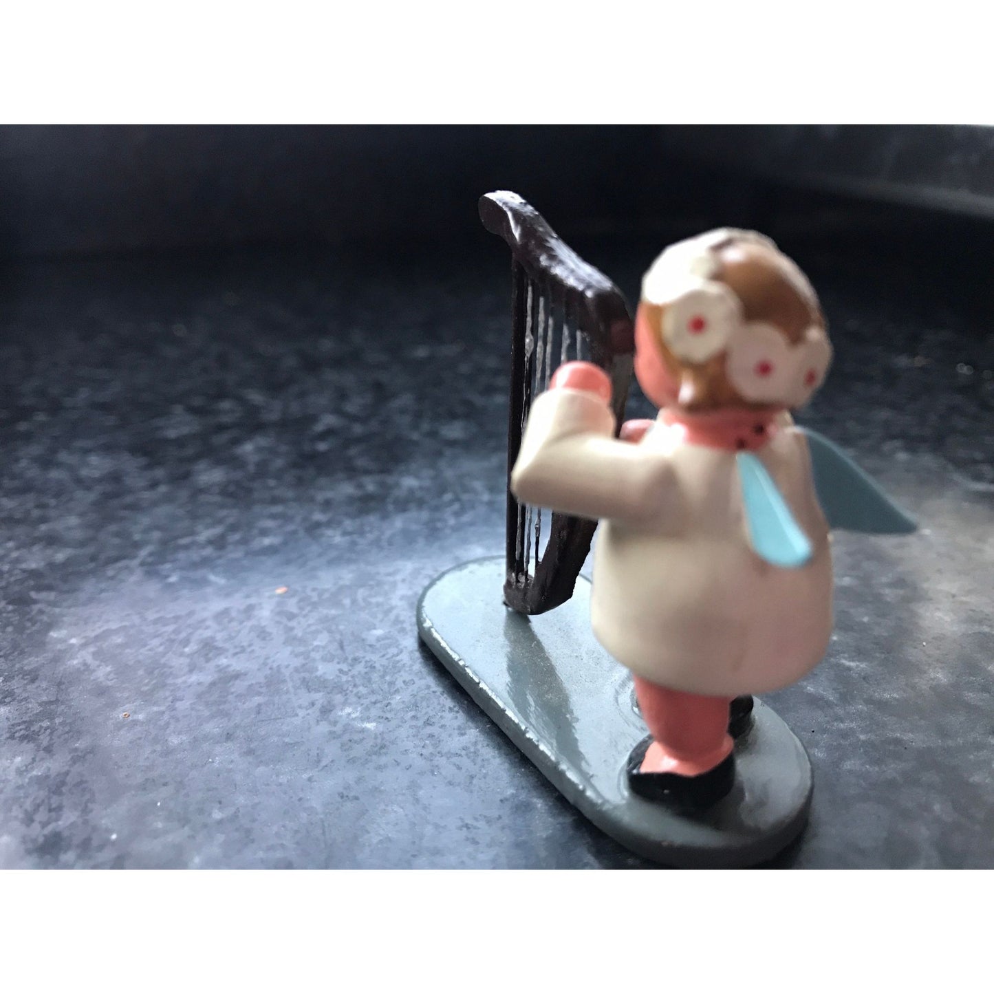 Vintage Christmas Wooden Music Angel Playing The Harp Erzgebirge Made In Germany Orchestra