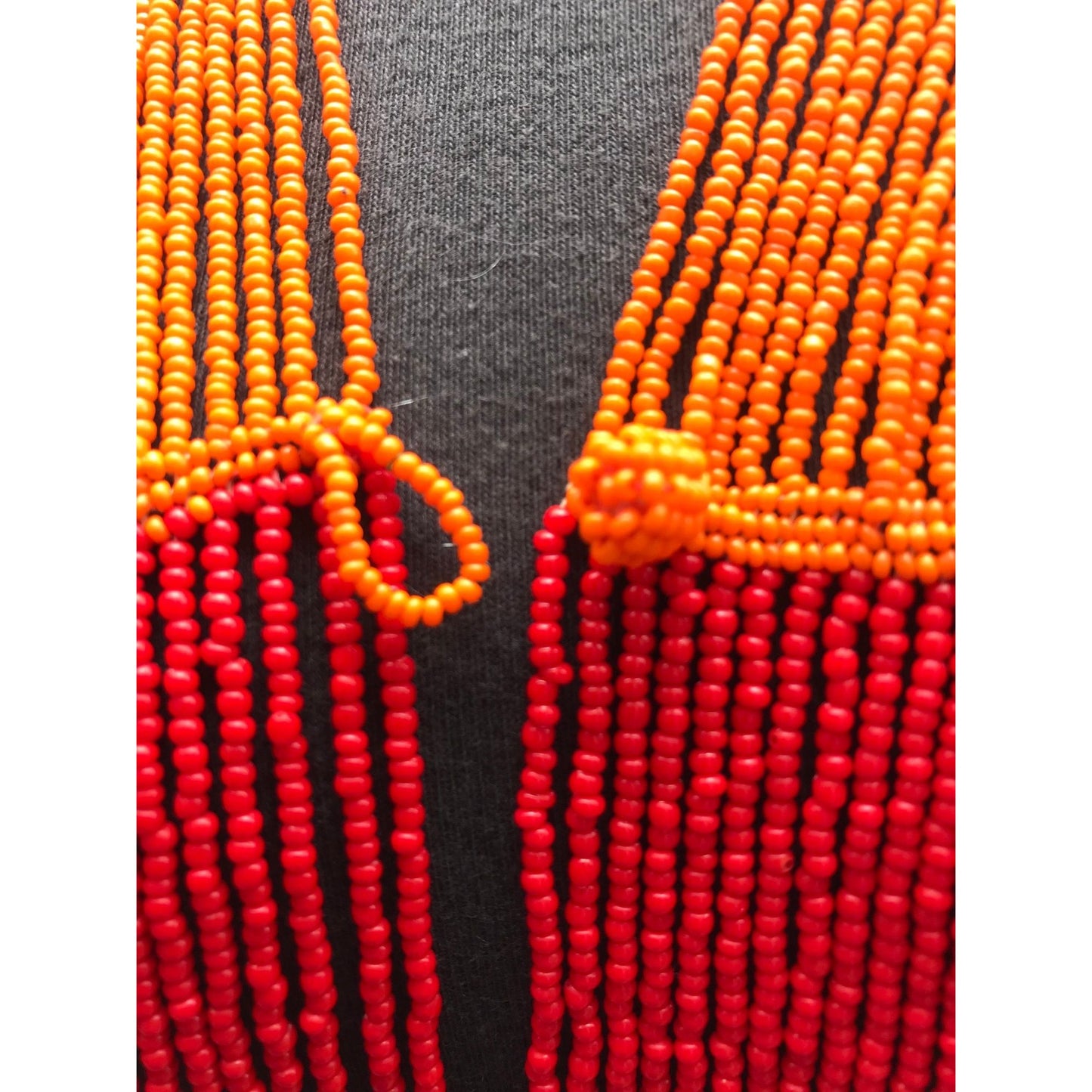 Vtg 1960's Seed Beaded Shawl With Beaded Button & Loop Orange Red Yellow African Maasai Tiny Seed Beadwork 82" x 2"