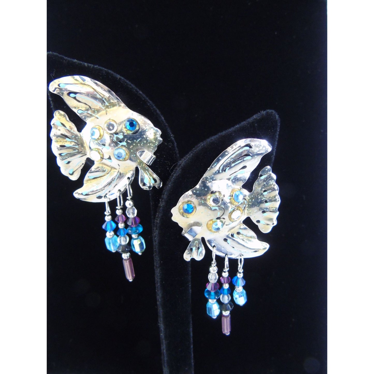 Lunch At The Ritz Fish Earrings Pierced Signed '87 LATR Glitter Enamel Rhinestones Beads