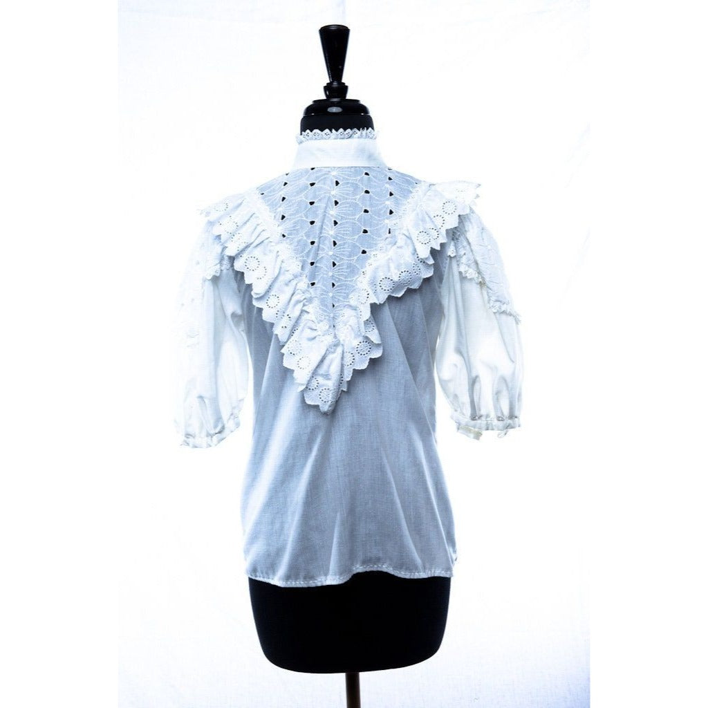 Vtg 1980's The Eastside Clothing Company White Eyelet Floral Lace Blouse High Neck Collar Poof Sleeves Small