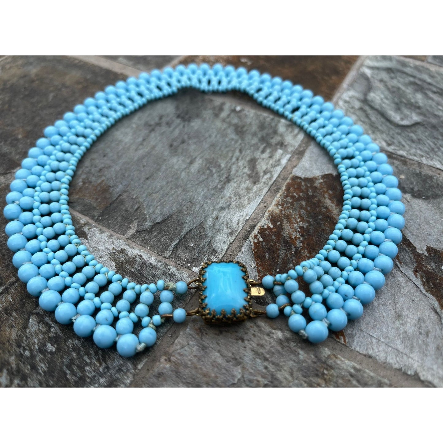 Vintage 1940's Handmade Egg Shell Blue Beaded Collar Necklace Woven Various Size Beads Lovely Clasp