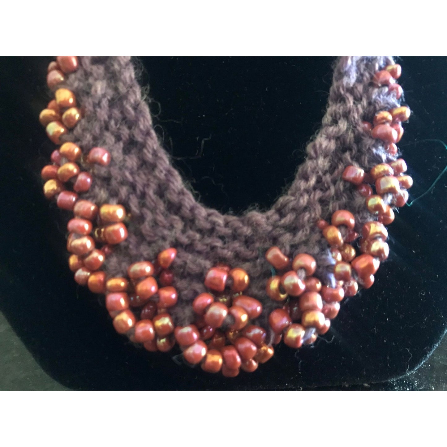 Vintage Merino Eggplant Shade Hand Knit Necklace With Purple Pearl Essence Beading 16"