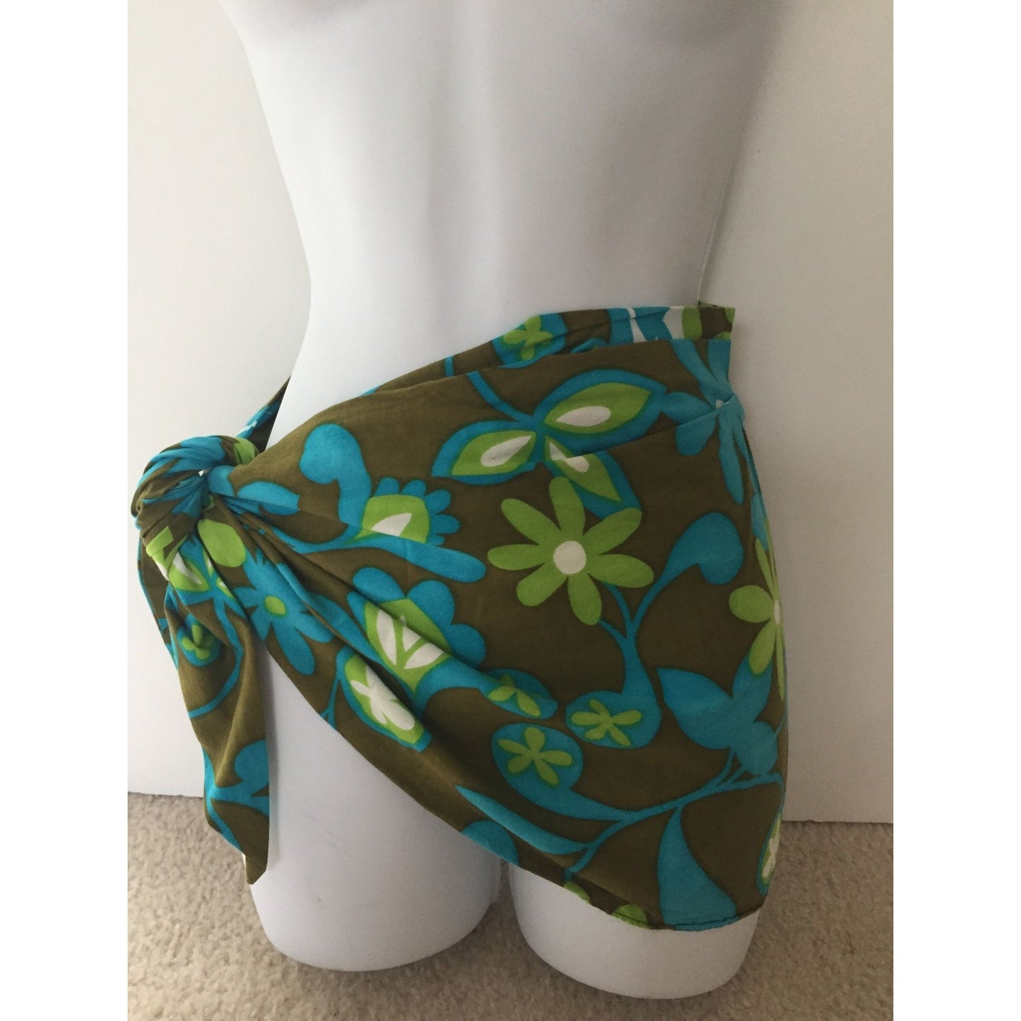 Vtg 1970’s Sarong Skirt Bathing Suit Sarong Green Blue Flowers Flower Power Hippie Tie One Size