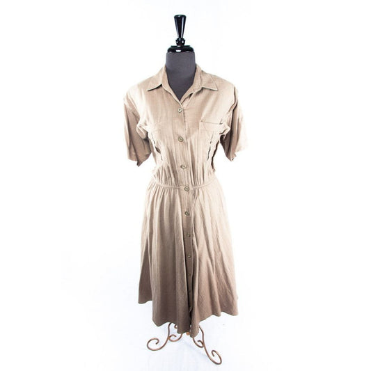 Vintage 1960's George Georgiou II Khaki Cotton Dress L Made In Cyprus 100% Cotton Shoulder Pads