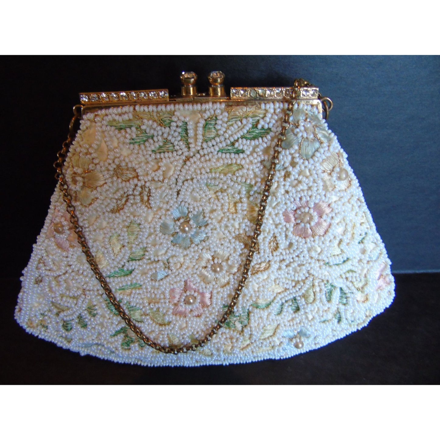 Vintage 1950's Jolles Original Embroidered Purse Beaded Evening Bag Mirror