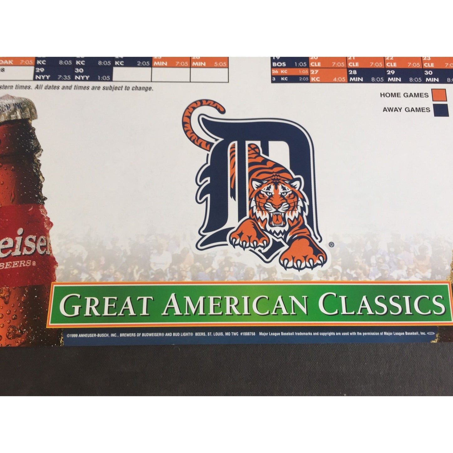 Detroit Tigers 1999 Budweiser MLB Poster Baseball Schedule Official Beer American League Bud Light