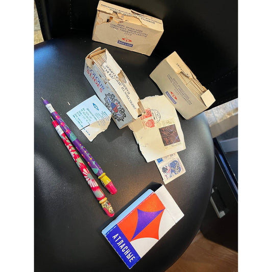 Vtg Lot Of Eight 1980 Russian Items 3 Boxes Of Colored Slides 2 Wooden Matryoshka Pens Canceled Stamps & 1 Deck Of Cards