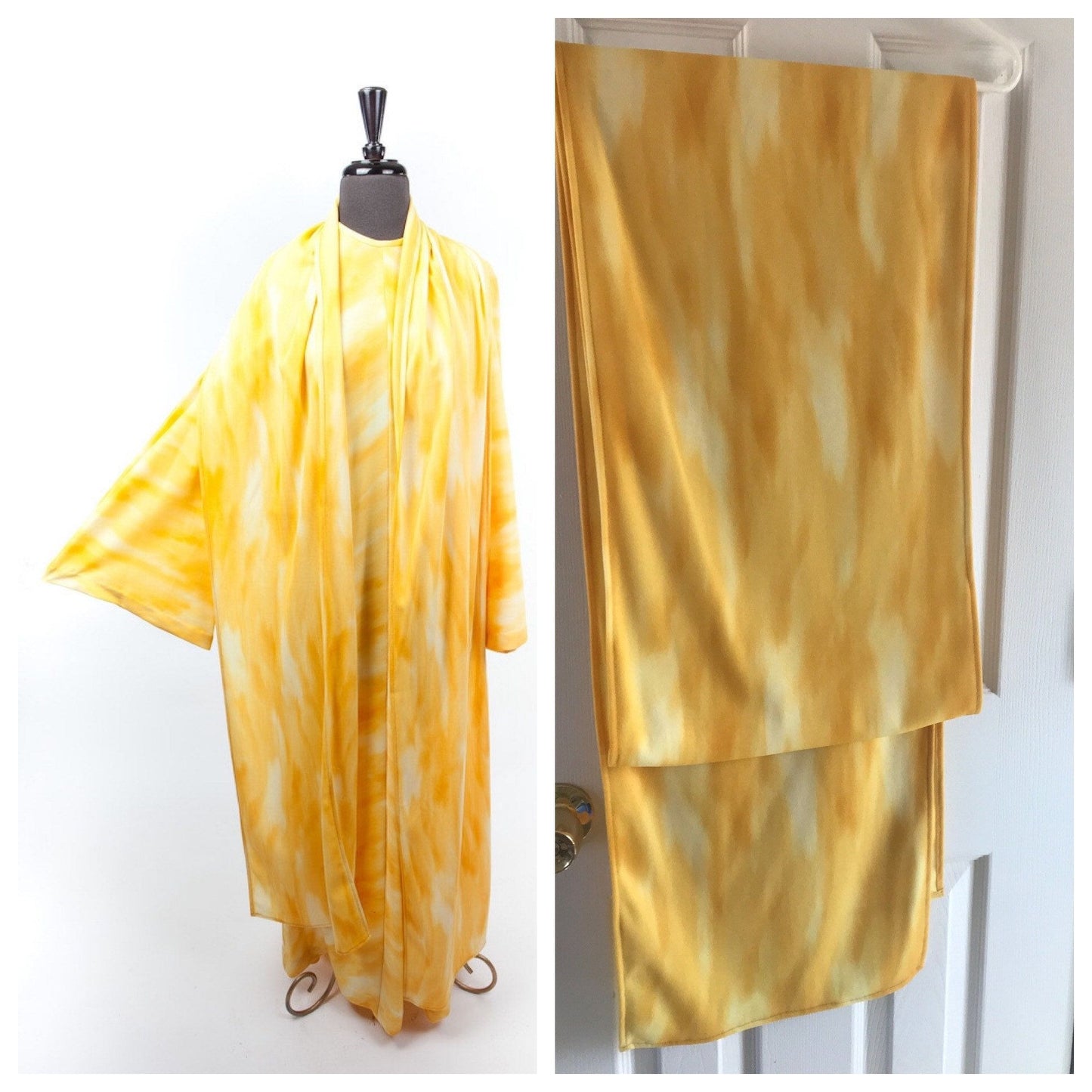 Vtg 1970's Avon Family Fashions Yellow White Tie Dyed Maxi Dress & Shawl Bell Sleeves Boho Hippie L