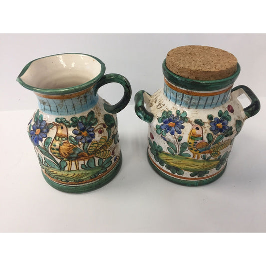 Vtg Deruta Italian Ceramic Pottery Rooster Pitcher & Vase With Cork Lid Made In Italy Blue Flowers Set Of Two