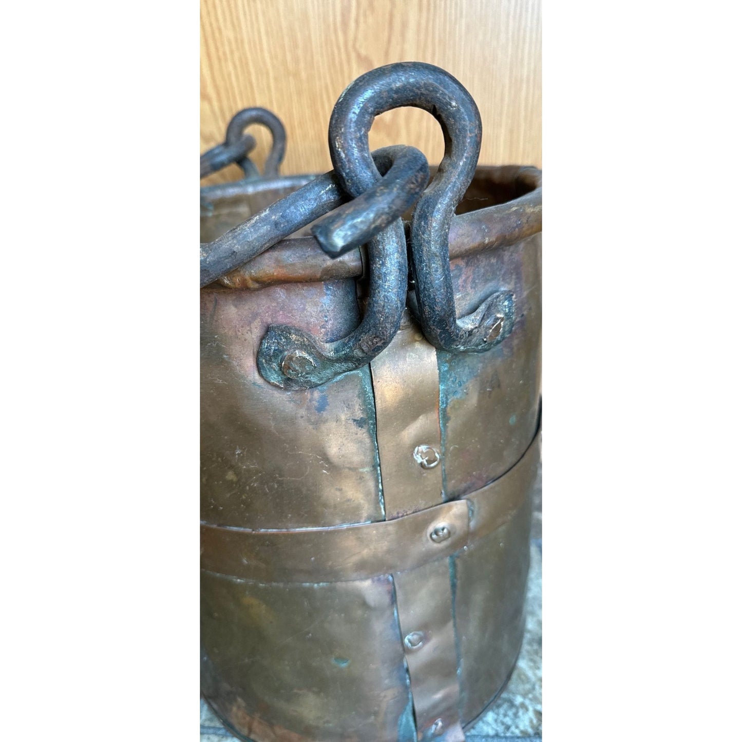 19th Century Copper Firewood Bucket Cauldron With Handle 13 1/2" Tall