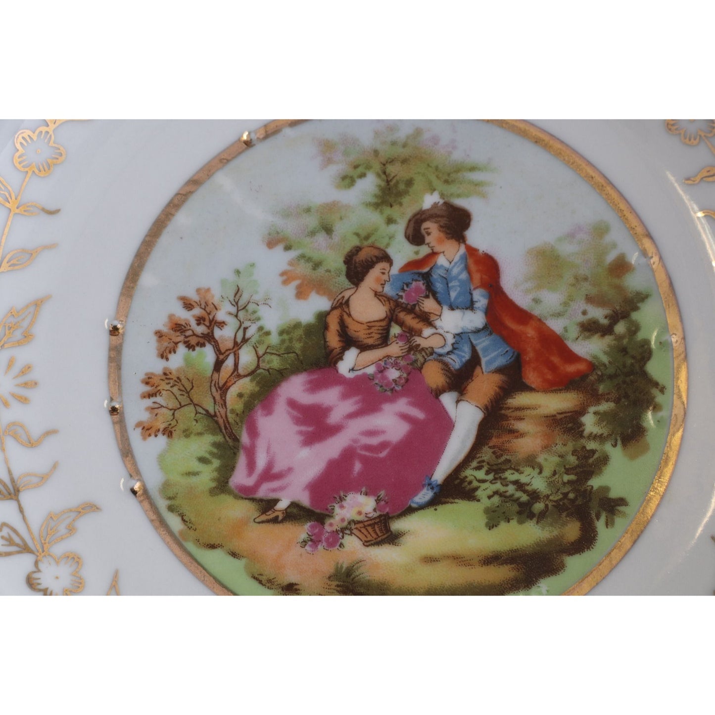 Vtg Lefton China 4024 Saucer Dish Victorian Scene Gold Rim Turquoise 3.5″