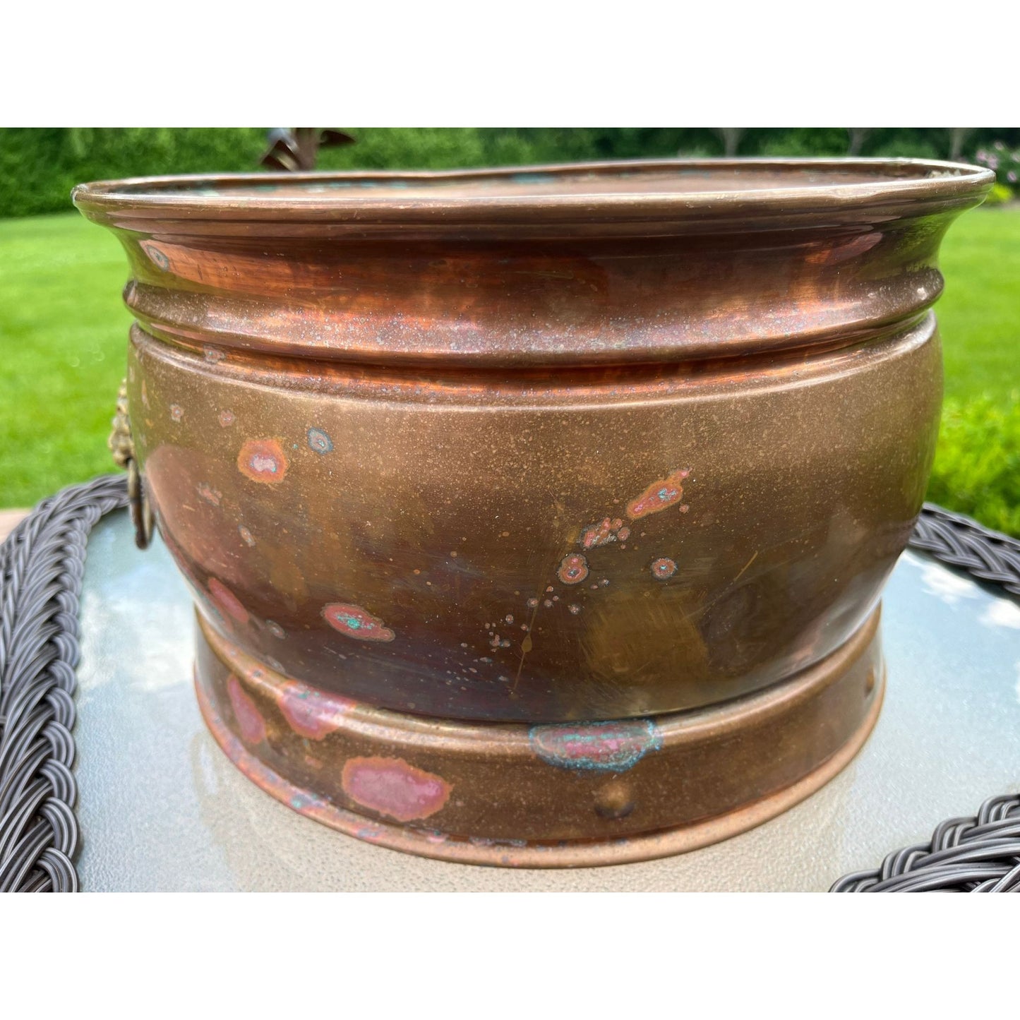 Antique 19th Century Copper Cauldron Log Bin Brass Lion Handles c.1860 Made In England