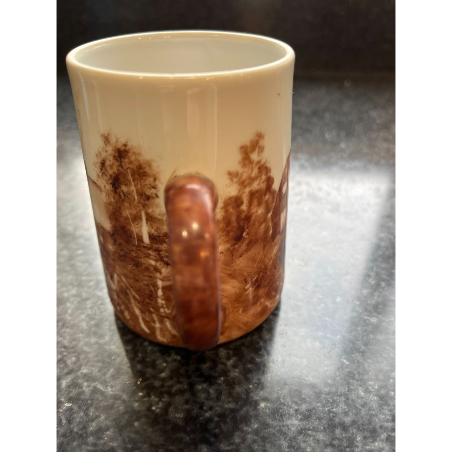 Vintage 1970's Coffee Tea Hand Painted Ceramic Mug By Martha Morey Signed By Artist Brown Country Side Scene