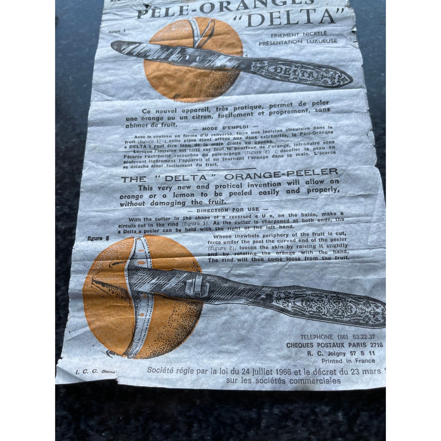 Vtg 1966 Copy Of Original Paper Work The "DELTA" Orange Peeler Made In France Leresche Saint-Julien-du-Sault