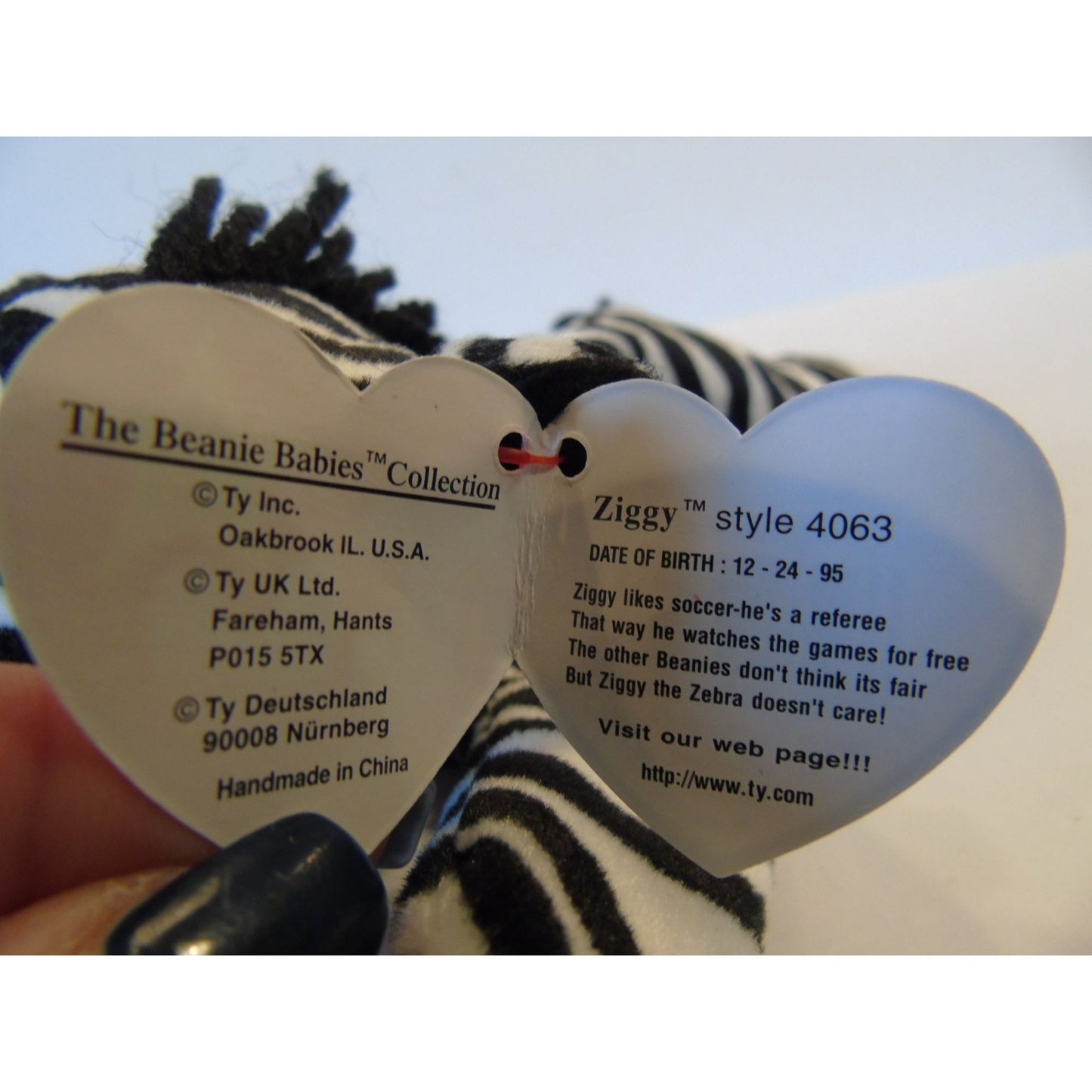 Ty Beanie Babies Ziggy The Zebra Birth Date 12-24-95 Style 4063