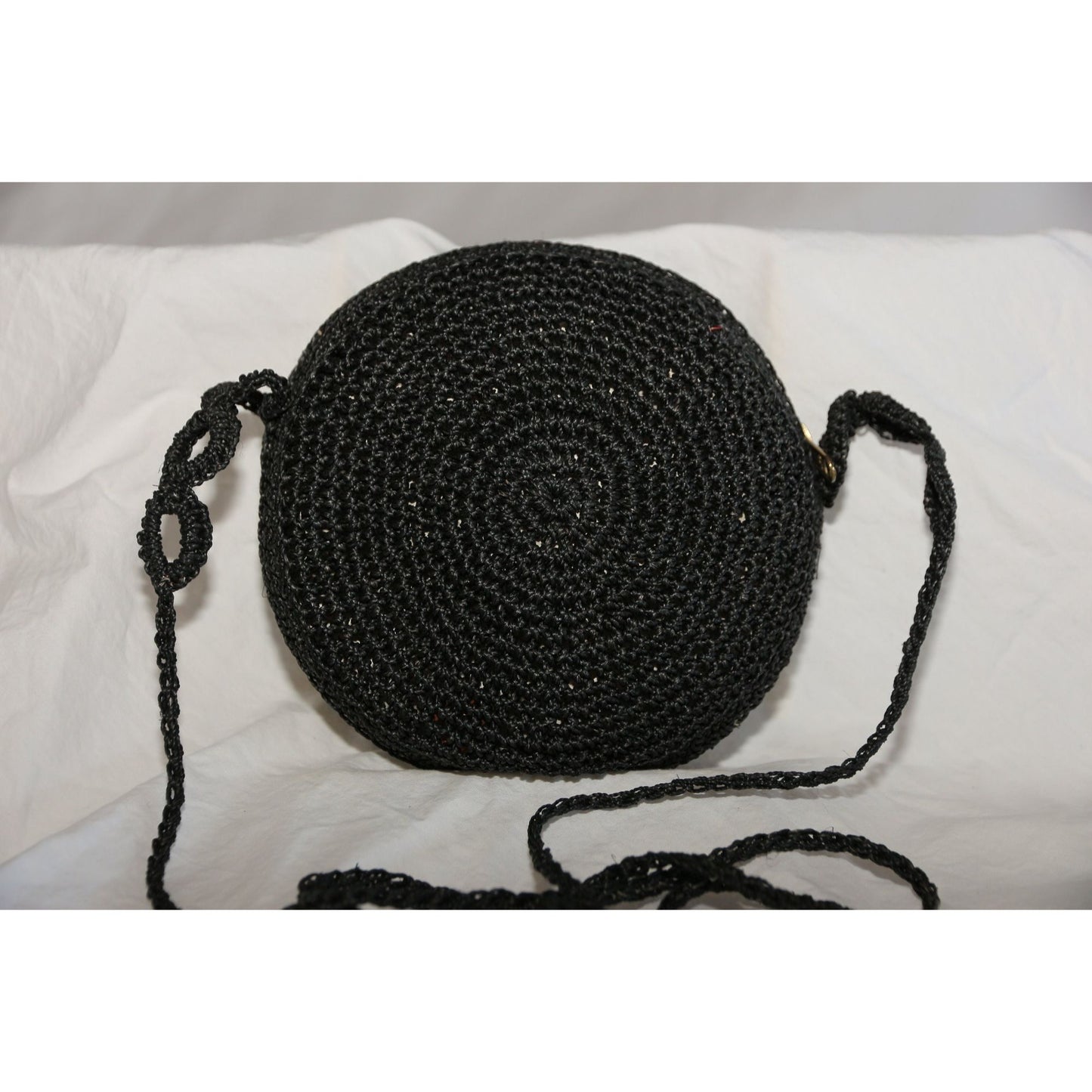 Vintage 1960's Crochet Round Purse Shoulder Crossbody Bag Black Handmade Zipper Closure