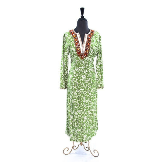 Vtg Soft Surroundings Maxi Dress Kaftan Green White Abstract Pattern Embellished With Beads Faux Pearls Orange Stones S