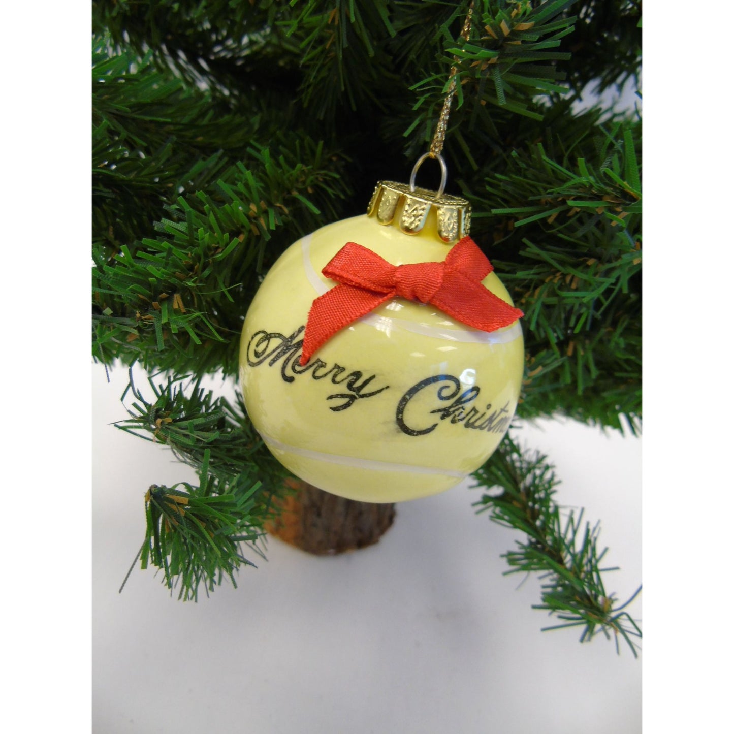 Vintage 1970's Glass Tennis Ball Christmas Ornament Merry Christmas With Red Bow