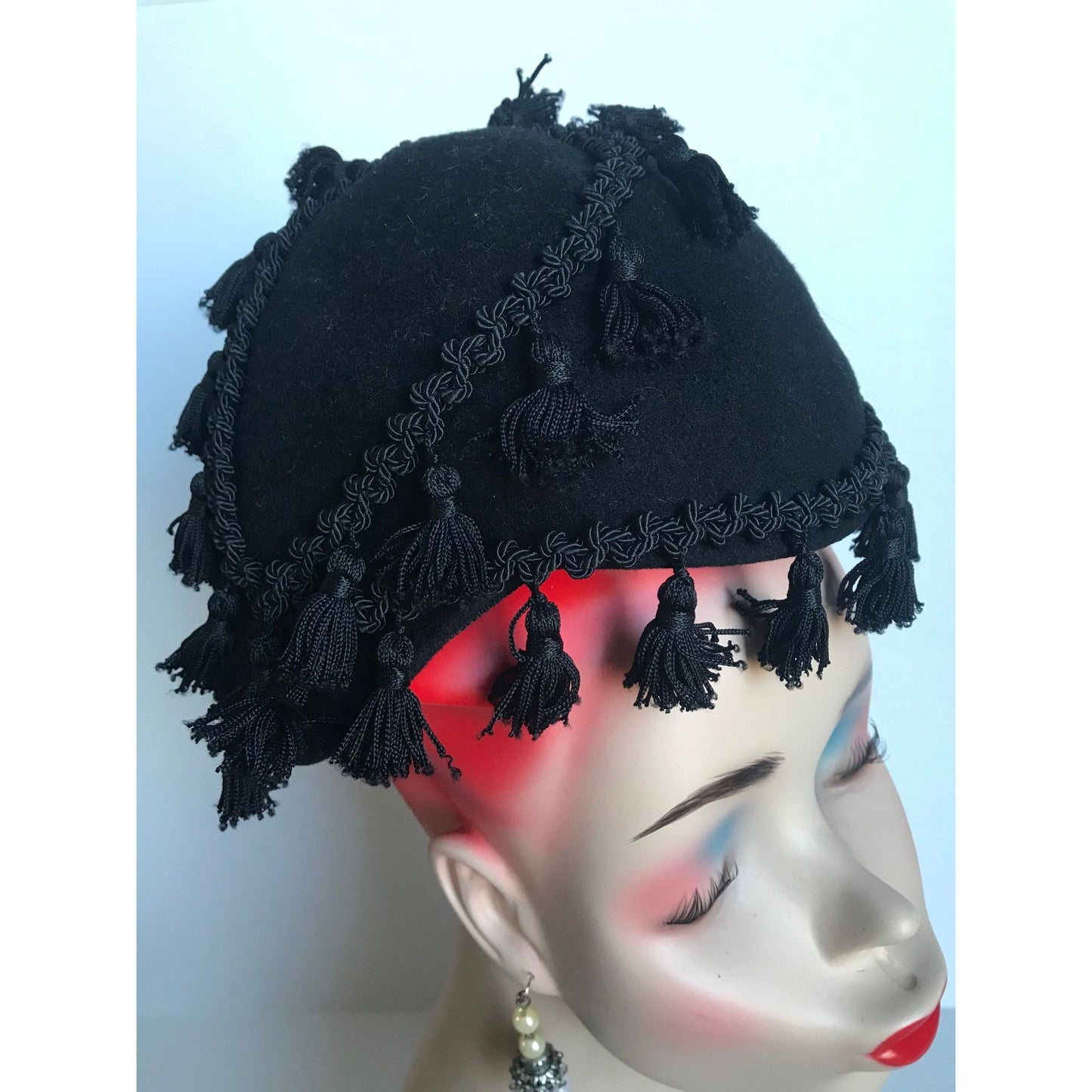 Vtg 1950's Henry Pollak, Inc. Glencove 100% Wool Black Woven Brick Brack Tassel Hat Size S/M