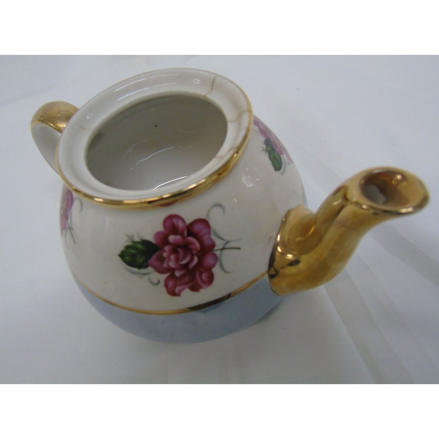 Vintage Gibsons Staffordshire England Blue and White with Gold Trim Red Roses Tea Pot