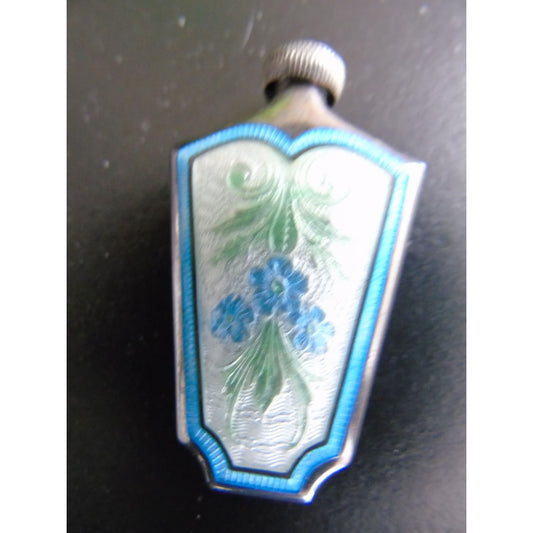 Antique Guilloche Sterling Silver Enamel Three Blue Flowers Perfume Scent Bottle Marked Sterling & R R