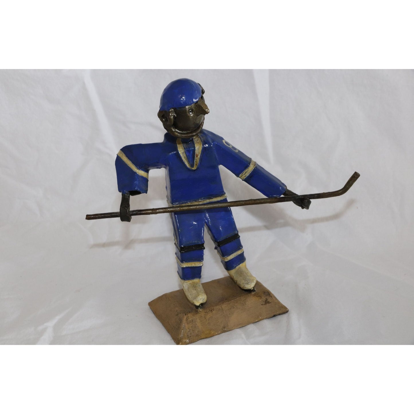 Vintage Metal Sculpture Hockey Player Number 8 Signed By Artist Handmade Hockey Stick