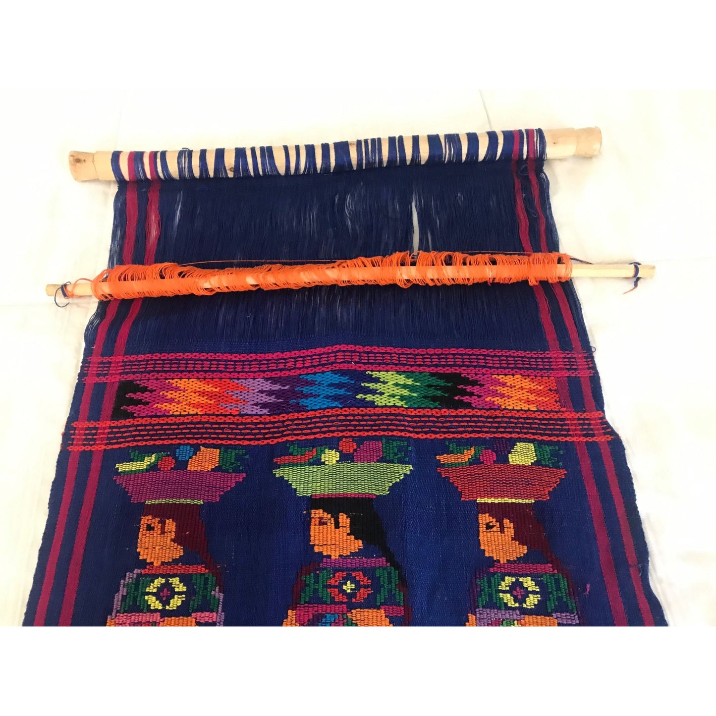 Vtg 1971 Hand Woven Guatemala Textile Art Hung On Sugar Cane 3 Women Multi Colored