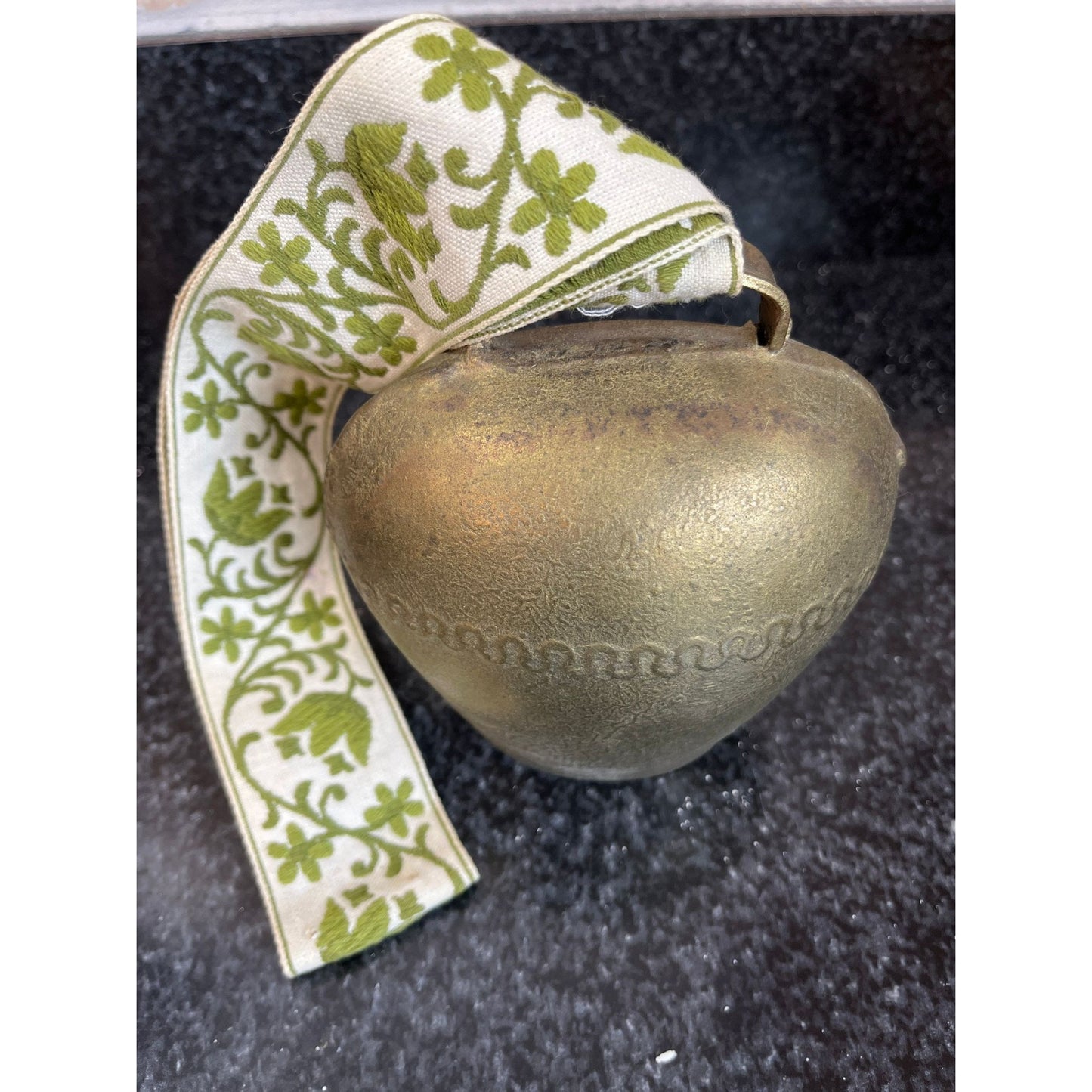 Vintage Austrian Cow Bell Original Label Brass Hand Hammered Bell On Hand Embroidered Green White Floral Strap