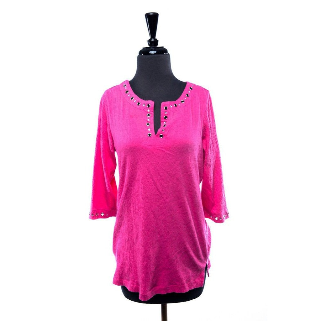 Woman's Hot Pink V Neck Blouse Quaker Factory "Wear It With A Smile" Size XSmall