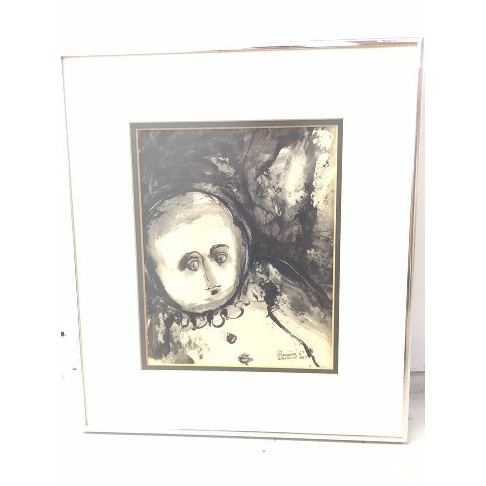 Abraham Ramirez Painting "Clown", India Ink On Paper Signed 1967 Acapulco Mex