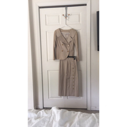 Vintage Styleworks 2 Piece Women's Suit Jacket & Skirt Size 4 Beige Linen Cotton Fully Lined