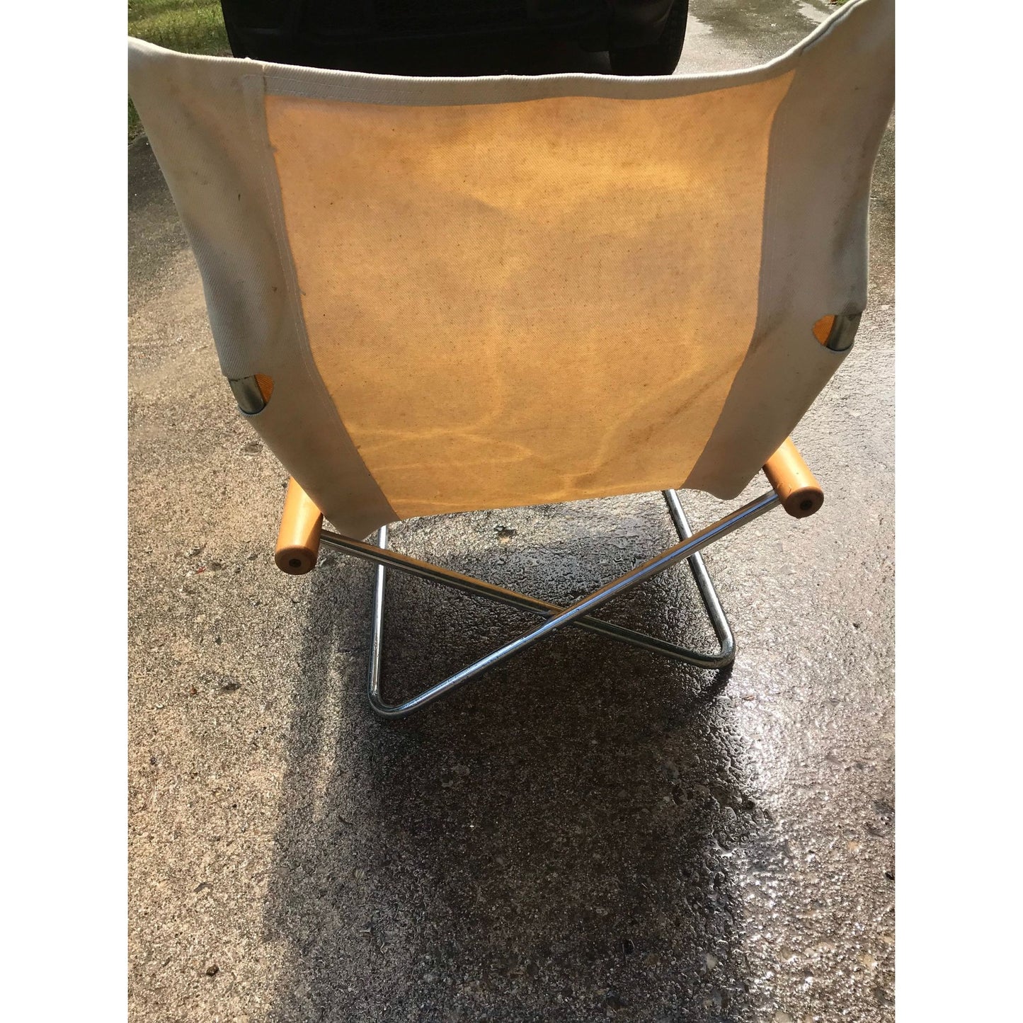 Mid Century Modern Thick Beige Canvas Fold Up Chair Round Wooden Handles Sits Low Metal Legs